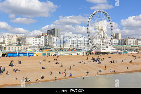 Brighton Beach und Brighton Rad auf Brighton Meer an einem sonnigen Tag im Frühjahr, in Brighton, East Sussex, England, UK. Stockfoto