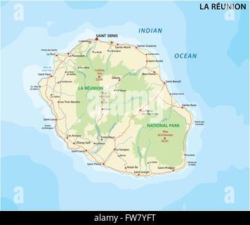 La Réunion Straßen- und Nationalpark Karte Stock Vektor