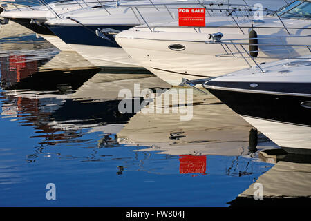 Motorboote und Yachten zum Verkauf, vor Anker in einer marina Stockfoto