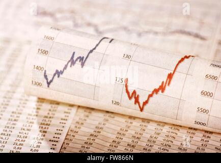 Wechselkurs-Tabellen und Diagramme zeigen verschiedene Aktienkurse. Stockfoto
