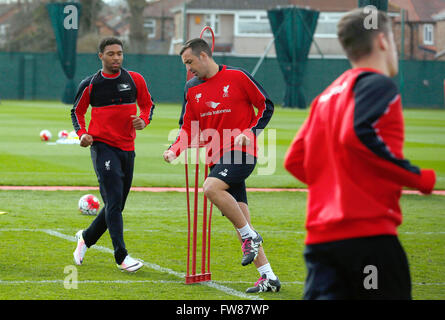 (L-R) Liverpools englische Mittelfeldspieler Jordon Ibe und Liverpools spanische Verteidiger Jose Enrique (c) bei ihren Team-Training am Melwood Trainingsgelände in Liverpool, North West England am 30. März 2016. FC Liverpool spielen Bundesliga team Borussia Dortmund auf dem Westfalenstadion am 7. April in die nächste Runde der UEFA Europa League. DPA/Lindsey Parnaby. Stockfoto