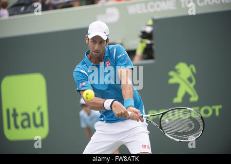 Key Biscayne, FL, USA. 1. April 2016. Key Biscayne, FL - 01 APRIL: Novak Djokovic(SRB) in Aktion besiegt David Goffin(BEL) 76(5) 64 während dieses Halbfinale bei der 2016 Miami Open in Key Biscayne, FL. Credit: Andrew Patron/Zuma Draht Credit: Andrew Patron/ZUMA Draht/Alamy Live News Stockfoto