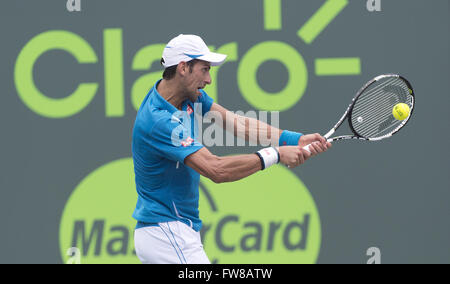 Key Biscayne, FL, USA. 1. April 2016. Key Biscayne, FL - 01 APRIL: Novak Djokovic(SRB) in Aktion besiegt David Goffin(BEL) 76(5) 64 während dieses Halbfinale bei der 2016 Miami Open in Key Biscayne, FL. Credit: Andrew Patron/Zuma Draht Credit: Andrew Patron/ZUMA Draht/Alamy Live News Stockfoto