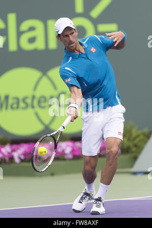 Key Biscayne, FL, USA. 1. April 2016. Key Biscayne, FL - 01 APRIL: Novak Djokovic(SRB) in Aktion besiegt David Goffin(BEL) 76(5) 64 während dieses Halbfinale bei der 2016 Miami Open in Key Biscayne, FL. Credit: Andrew Patron/Zuma Draht Credit: Andrew Patron/ZUMA Draht/Alamy Live News Stockfoto