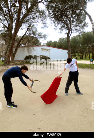 Madrid, Spanien. 18. März 2016. Studenten an der Stierkampf Schule "Escuela de Tauromaquia de Madrid" Zug mit einem roten Tuch (Muleta) und ein paar Hörner auf dem Schulhof in Madrid, Spanien, 18. März 2016. Politiker wollen die Spaniens größte Stierkampfschule schließen. Foto: FABIAN WEGENER/Dpa/Alamy Live News Stockfoto