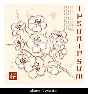 Einladungskarte mit Japan Kirschblüte im Aquarell-Stil mit Textbeispiele gezeichnet. Kostenlose Schriftart verwendet. Stock Vektor