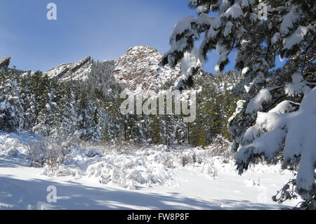 Das erste und zweite Flatiron bedeckt Schnee, Chautauqua Park, Boulder, Colorado. Stockfoto