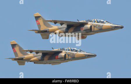 Ein paar königliche marokkanische Luftwaffe Alpha Jets im Flug während der Luftfahrtausstellung Marrakesch in Marokko. Stockfoto