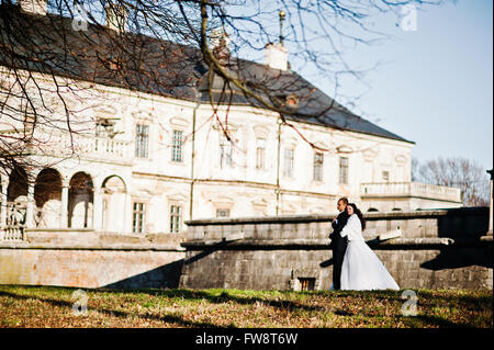 Charmant und modische Hochzeitspaar in Liebe Hintergrund alte Vintage Burg Stockfoto