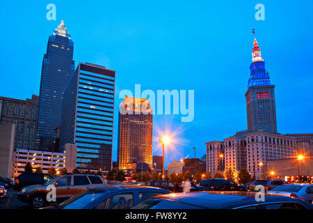 Cleveland downtown Abendzeit Stockfoto
