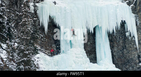 Eis-Kletterer aufsteigender gefrorenen Wasserfall, Banff Nationalpark, Alberta, Kanada Stockfoto