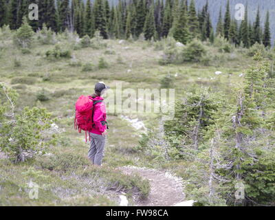 Junge Frau kaukasischen Wandern auf Whistler Blackcomb Trail stehen und blickte über Whistler Mountain Stockfoto