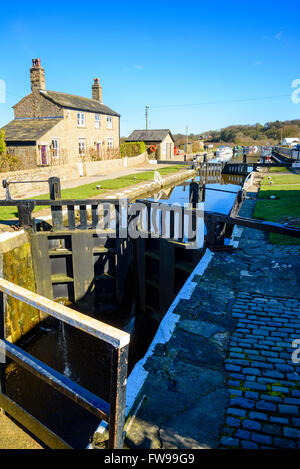 Endzentrierung am Leeds-Liverpool-Kanal bei Copthurst in der Nähe von Whittle-le-Woods Lancashire Stockfoto