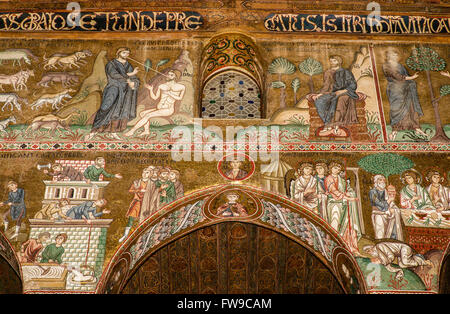 Byzantinische Mosaik des alten Testaments, Gott erschafft Adam, Turm zu Babel, Cappella Palatina, Pfalzkapelle des Palastes des die Stockfoto