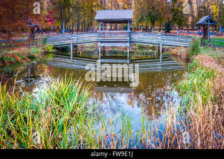 Holzbrücke über den kleinen Teich im Leesylvania State Park, Virginia. Stockfoto