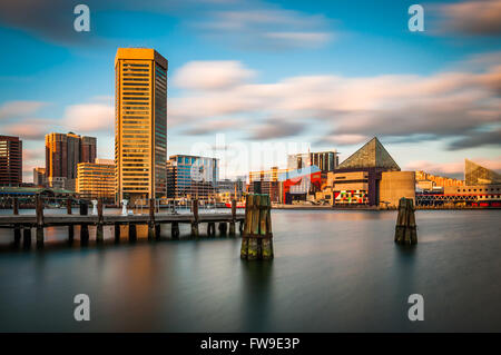 Am Abend Langzeitbelichtung Skyline der Inner Harbor in Baltimore, Maryland. Stockfoto