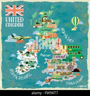 attraktive Großbritannien Reise-Karte mit Sehenswürdigkeiten Stock Vektor
