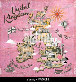 attraktive Großbritannien Reise-Karte mit Sehenswürdigkeiten Stock Vektor