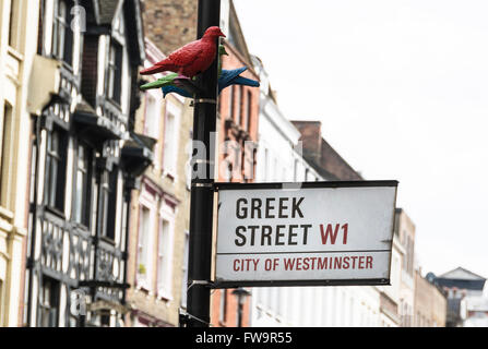 Patrick Murphy Tauben ruhen auf Straßenschild auf Griechisch Street London, UK Stockfoto