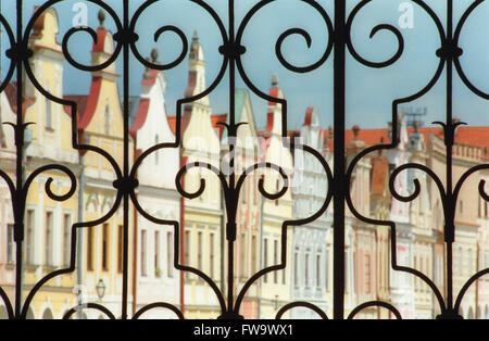 Fassaden von Gebäuden in der Altstädter Ring, Telc, Tschechische Republik Stockfoto