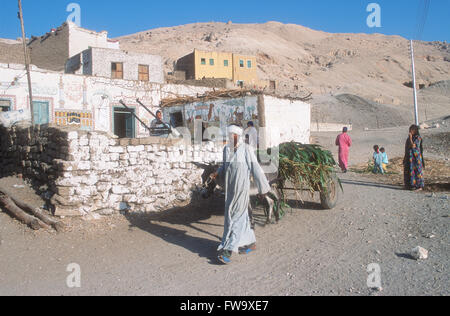 Ägyptischen Mann tragen traditionelle Kleidung mit einem Esel in einem Dorf in der Nähe von Luxor, Ägypten Stockfoto