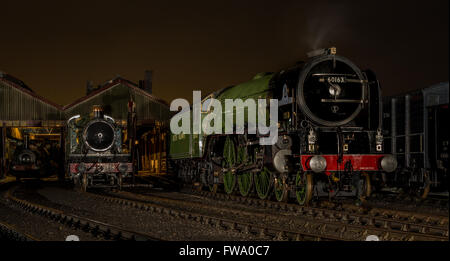 Tornado-Dampflokomotive in der Nacht mit Motor im Hintergrund zu vergießen. Stockfoto