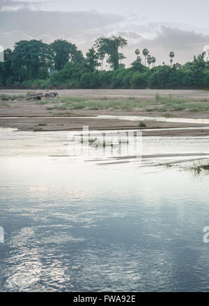 THANJAVUR, Indien - 15. Oktober 2013: Man lädt Sand in Buffalo gezogenen Karren am Vennar River bei bewölktem Himmel am frühen Morgen. Stockfoto