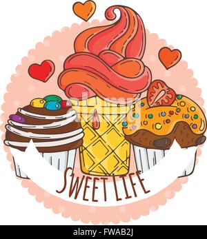 Bunte Muffins Hintergrund. Kuchen, Süßigkeiten. Stock Vektor