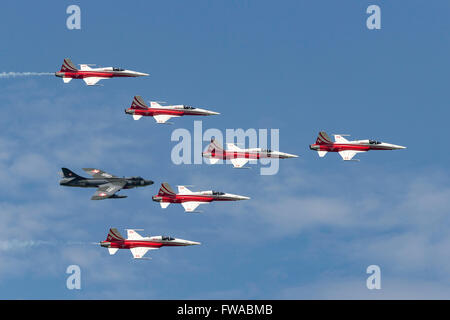 Swiss Air Force Display Team "Patrouille Suisse" ihre Northrop f-5 fliegen in Formation mit der Hawker Hunter HB-RVU. Stockfoto