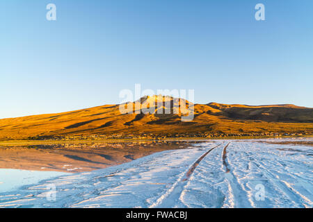 Radspuren zu Coqueza Dorf an der Salz See des Salar De Uyuni in Bolivien Stockfoto