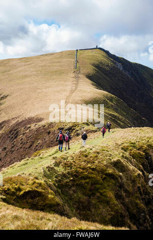 Wanderer Wandern über col Mynydd Tal-y-mignedd auf Nantlle Ridge in den Bergen von Snowdonia National Park (Eryri). Gwynedd, Wales, Großbritannien Stockfoto