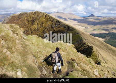 Wanderer, absteigend Trum y Ddysgl in Richtung Mynydd Drws-y-Coed auf Nantlle Ridge in Berge von Snowdonia-Nationalpark. Wales UK Stockfoto