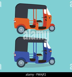 Bajaj Bajai Indonesien Transportaion Zeichnung flache Vektor Illustration Jakarta städtischen Symbol Transport Orange blau Stock Vektor