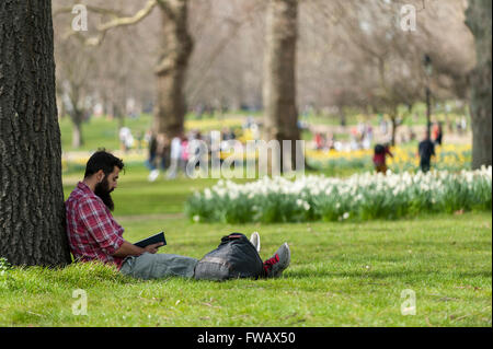 London, UK.  2. April 2016.  Frühling, Sonnenschein und warme Temperaturen Londoner und Touristen heraus zu bringen, um das Wetter in Green Park genießen. Bildnachweis: Stephen Chung / Alamy Live News Stockfoto