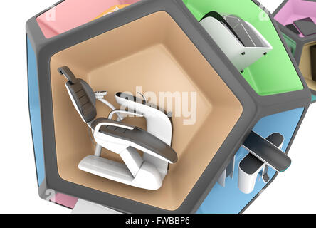 Zahnmedizinische Geräte im Pentagon Cube. Konzept für die digitale Zahnmedizin. Stockfoto