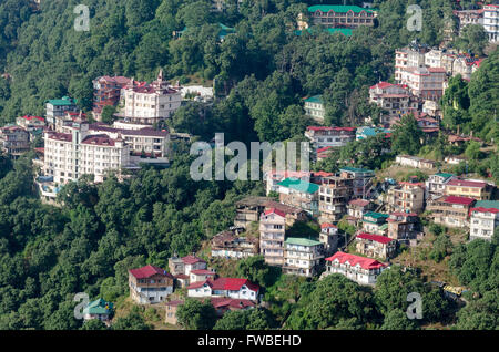 Häuser am Hang, Shimla, Himachal Pradesh, Indien. Stockfoto