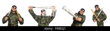 Soldat mit Baseballschläger auf weiß Stockfoto