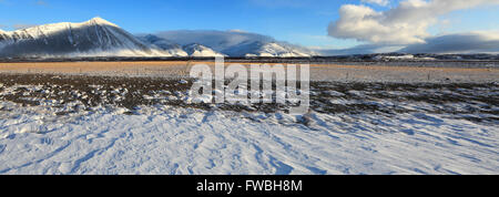 Winterschnee über die Lavafelder, Skardsheidi Berge in der Nähe von Borgarnes Stadt, Western Region von Island Stockfoto