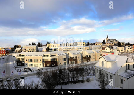 Winter Blick über Stadt Borgarnes, Western Region von Island. Stockfoto