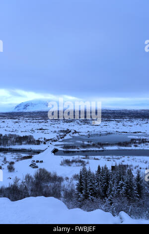 Winter Schnee Blick über Pingvellir Nationalpark, UNESCO-Weltkulturerbe, Süd-West-Island, Europa. Stockfoto