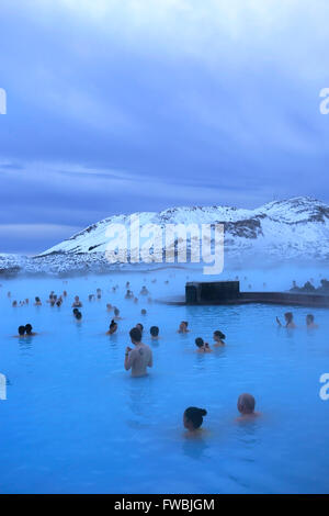 Menschen in die blaue Lagune, ein geothermisches Spa und eine der beliebtesten Sehenswürdigkeiten in Island, in der Nähe von Grindavík Dorf Reykjanes Stockfoto