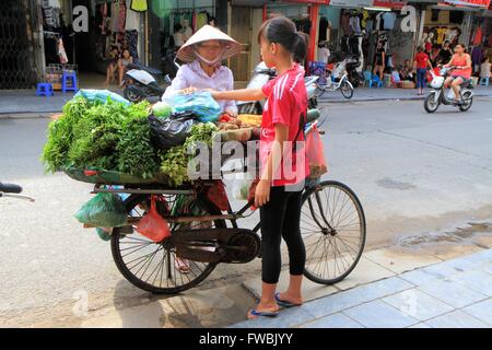 Vietnamesische Dame verkaufen frisches Obst vom Rad in der Altstadt von Hanoi, Vietnam, Asien Stockfoto