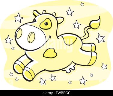 Eine glückliche Cartoon gelbe Kuh in der Milchstraße. Stock Vektor