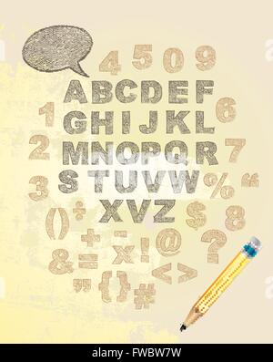 Vektor-Alphabet. Texture Paint. Buchstaben des Alphabets auf Leinwand Papier mit einem Bleistift geschrieben. Stock Vektor