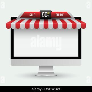 Computer-Monitor mit Markise. Mobile Store-Konzept. Vektor-Illustration. Stock Vektor