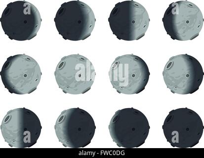 Der gesamte Zyklus der Mondphasen von neuen, voll auf weiß Stock Vektor