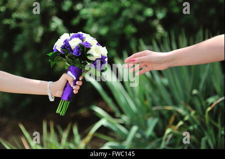 Braut Hochzeit Bouquet mit weißen und lila Rosen halten Stockfoto