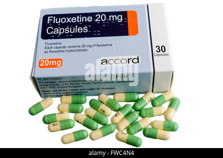 Eine Schachtel mit Fluoxetin 20mg Kapseln, mit SSRI Antidepressiva Fluoxetin Hydrochlorid Stockfoto