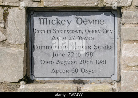 Gedenktafel in einem Garten der Erinnerung für die 1981 Irish Republican Hunger Stürmer Mickey Devine Stockfoto