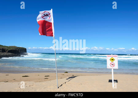 Strand geschlossen Zeichen nach einem Hai Angriff, Bombo Strand, Kiama, Illawarra Coast, New South Wales, Australien Stockfoto
